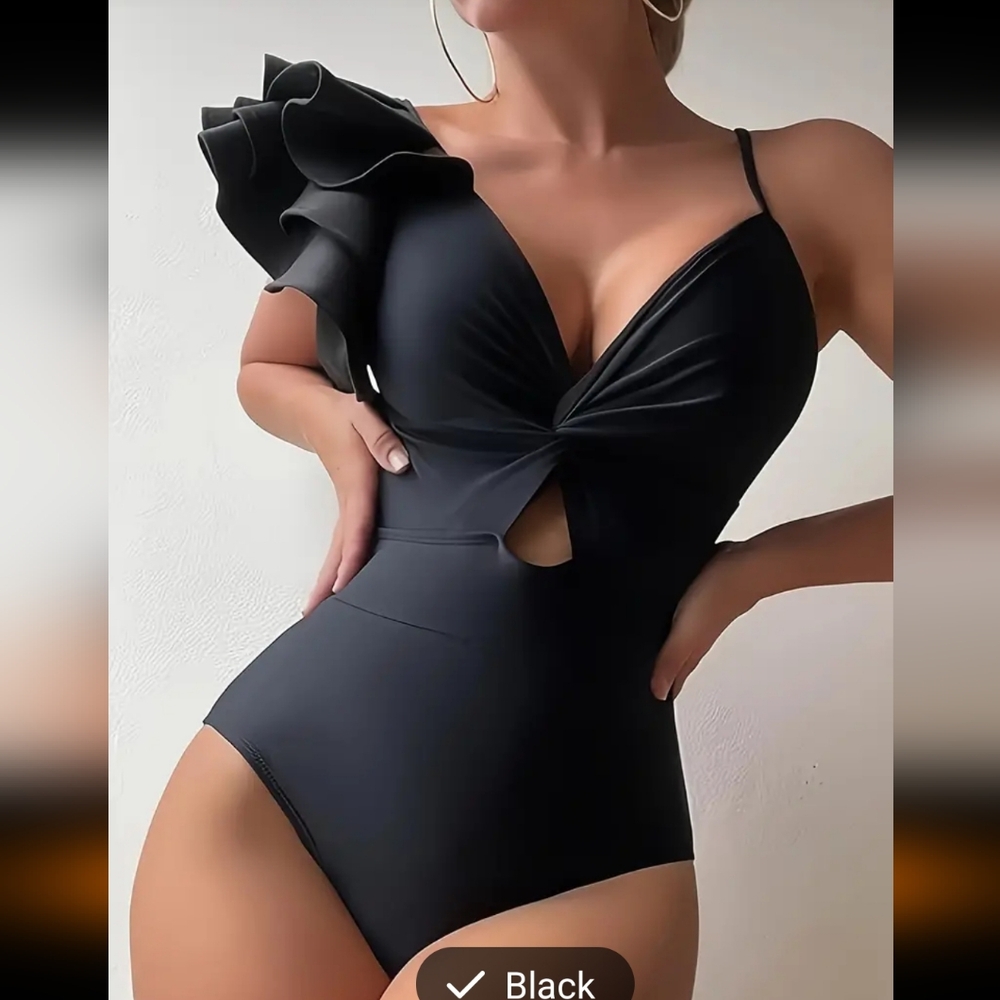 Elegant Black Ruffled Ladies One Piece NWOT